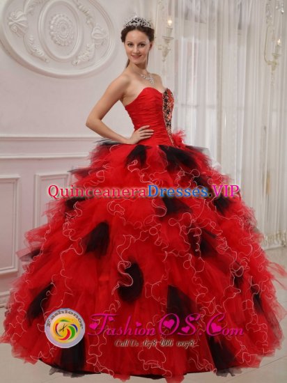 Friedberg Germany Beautiful Red and Black Quinceanera Dress Sweetheart Orangza Beading and Ruffles Decorate Bodice Elegant Ball Gown - Click Image to Close