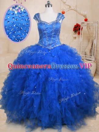 Perfect Straps Tulle Cap Sleeves Floor Length Womens Party Dresses and Beading and Ruffles