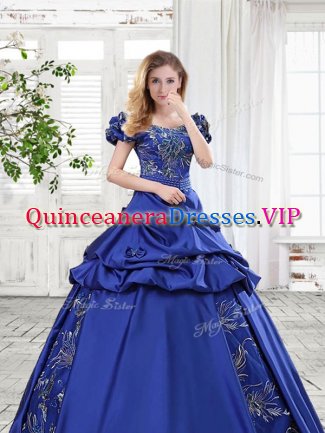 Ideal Off the Shoulder Cap Sleeves Floor Length Appliques and Pick Ups and Bowknot Lace Up Quinceanera Dress with Royal Blue