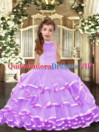 Most Popular Halter Top Sleeveless Organza Kids Formal Wear Beading and Ruffled Layers Backless