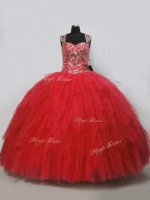 Red Sleeveless Floor Length Beading and Ruffles Lace Up Sweet 16 Dress