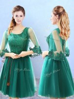 A-line Court Dresses for Sweet 16 Green Scoop Tulle 3 4 Length Sleeve Knee Length Lace Up