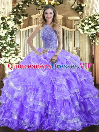 High-neck Sleeveless Organza Sweet 16 Quinceanera Dress Beading and Ruffled Layers Lace Up