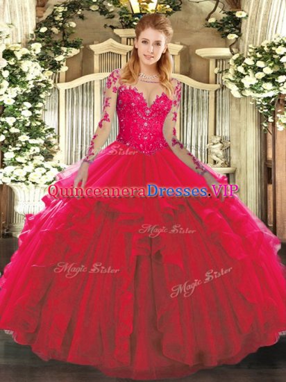 Long Sleeves Floor Length Lace and Ruffles Lace Up Sweet 16 Dress with Red - Click Image to Close