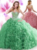 Flare Turquoise Lace Up Sweetheart Beading and Ruffles Quinceanera Gown Organza and Fabric With Rolling Flowers Sleeveless Sweep Train