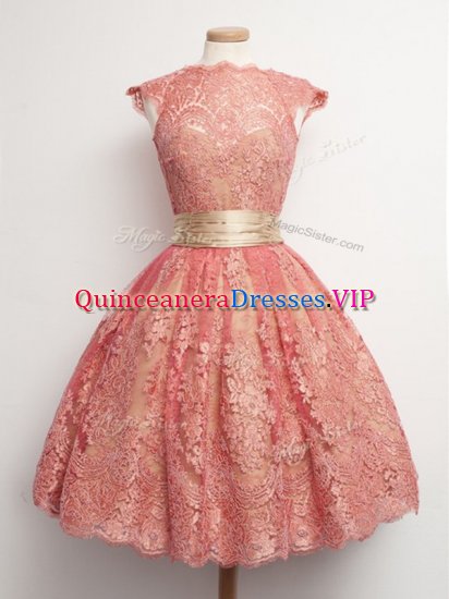 Cap Sleeves Lace Up Knee Length Belt Dama Dress for Quinceanera - Click Image to Close