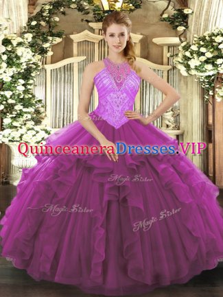 Stunning Fuchsia Ball Gowns Organza High-neck Sleeveless Beading and Ruffles Floor Length Lace Up Sweet 16 Quinceanera Dress