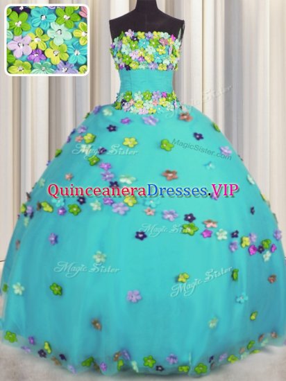 Best Aqua Blue Ball Gowns Strapless Sleeveless Tulle Floor Length Lace Up Hand Made Flower 15 Quinceanera Dress - Click Image to Close