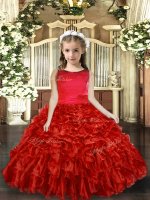 High End Floor Length Red Girls Pageant Dresses Scoop Sleeveless Backless