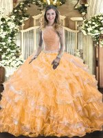 Dazzling Orange Ball Gowns Beading and Ruffled Layers Sweet 16 Dress Lace Up Organza Sleeveless Floor Length