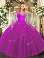 Fuchsia Lace Up Scoop Lace Quinceanera Dress Tulle Long Sleeves