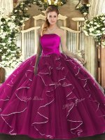 Fitting Ball Gowns 15th Birthday Dress Fuchsia Strapless Tulle Sleeveless Floor Length Lace Up