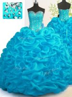 Sleeveless With Train Beading and Ruffles Lace Up 15 Quinceanera Dress with Aqua Blue Brush Train