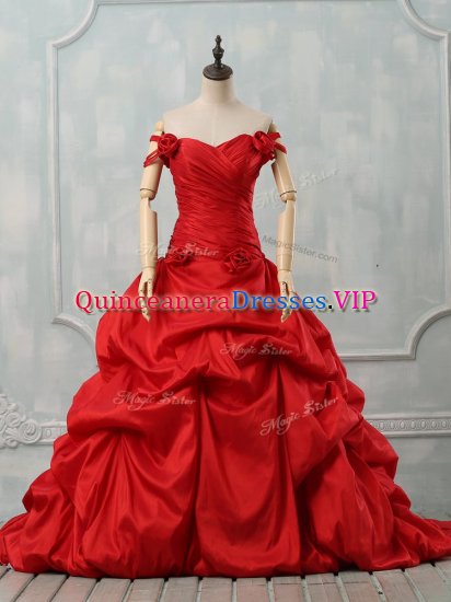 Colorful Red Lace Up Quinceanera Gowns Pick Ups and Hand Made Flower Sleeveless Court Train - Click Image to Close