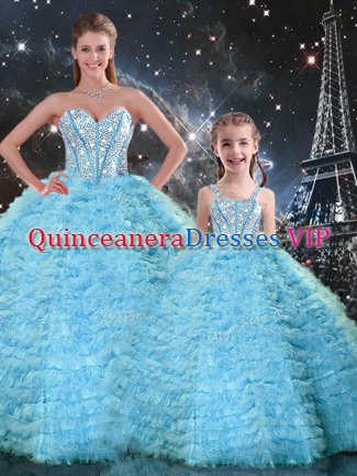 Custom Design Floor Length Lace Up Sweet 16 Dress Light Blue for Military Ball and Sweet 16 and Quinceanera with Beading and Ruffles