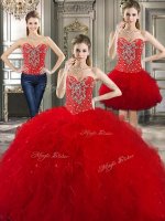 Three Piece Sleeveless Beading and Ruffles Lace Up Quince Ball Gowns