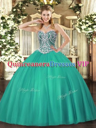 Sweetheart Sleeveless Quinceanera Dress Floor Length Beading Turquoise Tulle