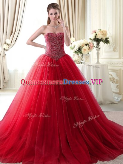 Stylish With Train Lace Up 15 Quinceanera Dress Red for Military Ball and Sweet 16 and Quinceanera with Beading Brush Train - Click Image to Close