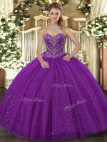 Purple Ball Gowns Sweetheart Sleeveless Tulle Floor Length Lace Up Beading Quinceanera Dress