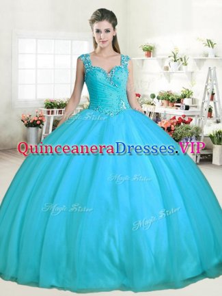 Extravagant Ball Gowns Ball Gown Prom Dress Aqua Blue Straps Tulle Sleeveless Floor Length Zipper