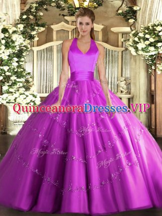 Modest Fuchsia Quinceanera Gowns Military Ball and Sweet 16 and Quinceanera with Appliques Halter Top Sleeveless Lace Up