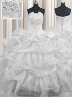 High End Organza Strapless Sleeveless Lace Up Beading and Ruffled Layers and Pick Ups Quinceanera Dress in White