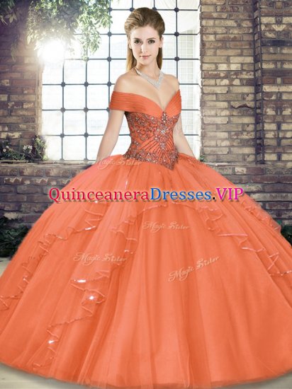 Super Orange Red 15th Birthday Dress Military Ball and Sweet 16 and Quinceanera with Beading and Ruffles Off The Shoulder Sleeveless Lace Up - Click Image to Close