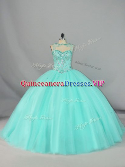 Ideal Tulle Scoop Sleeveless Brush Train Lace Up Beading Quinceanera Gowns in Apple Green - Click Image to Close