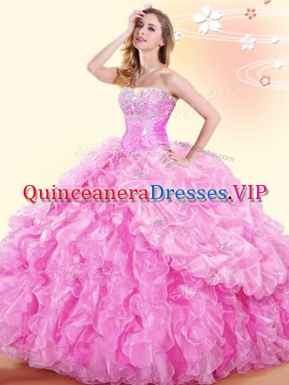 Free and Easy Pick Ups Rose Pink Sleeveless Organza Lace Up Sweet 16 Dresses for Military Ball and Sweet 16 and Quinceanera