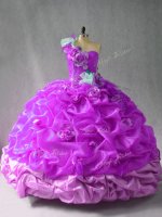 Trendy Floor Length Purple Vestidos de Quinceanera Organza Sleeveless Pick Ups and Hand Made Flower