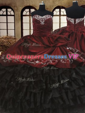 Red And Black Organza and Taffeta Lace Up Sweetheart Sleeveless Floor Length Vestidos de Quinceanera Beading and Embroidery and Ruffled Layers