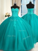 Unique Ball Gowns 15th Birthday Dress Teal Sweetheart Tulle Sleeveless Floor Length Lace Up