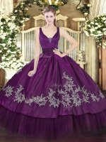 Sleeveless Floor Length Beading and Embroidery Zipper Quinceanera Dresses with Purple