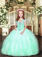 Apple Green Ball Gowns Tulle Straps Sleeveless Beading and Ruffles Floor Length Lace Up Kids Formal Wear(SKU PAG1088-2BIZ)