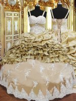 Gorgeous Champagne Straps Neckline Beading and Appliques and Ruffled Layers and Pick Ups Quinceanera Gowns Sleeveless Lace Up(SKU PSSW0646BIZ)