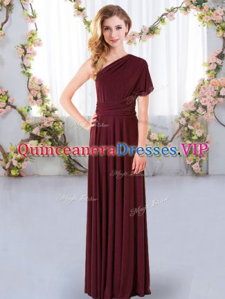 Artistic Floor Length Criss Cross Quinceanera Court Dresses Burgundy for Wedding Party with Ruching