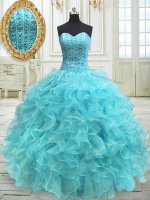 Clearance Aqua Blue Sleeveless Beading and Ruffles Floor Length Ball Gown Prom Dress