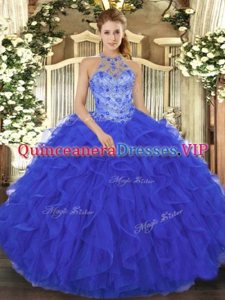 Royal Blue Lace Up Halter Top Beading and Embroidery and Ruffles Sweet 16 Dresses Organza Sleeveless