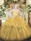 Gold Sweetheart Zipper Beading and Lace and Ruffled Layers Sweet 16 Quinceanera Dress Brush Train Sleeveless