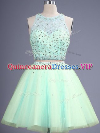 Knee Length Apple Green Quinceanera Court Dresses Scoop Sleeveless Lace Up