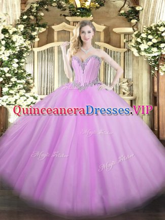 Lavender Ball Gowns Sweetheart Sleeveless Tulle Floor Length Lace Up Beading Vestidos de Quinceanera