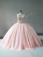 Fantastic Pink Tulle 15 Quinceanera Dress Sleeveless Floor Length Beading