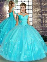 Fashionable Aqua Blue Lace Up Off The Shoulder Beading and Appliques Sweet 16 Dresses Tulle Sleeveless(SKU YSQD090BIZ)