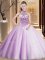 Extravagant Halter Top Asymmetrical Lilac Ball Gown Prom Dress Tulle Brush Train Sleeveless Beading