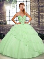 Inexpensive Yellow Green Lace Up Sweetheart Beading and Ruffled Layers 15 Quinceanera Dress Tulle Sleeveless Brush Train