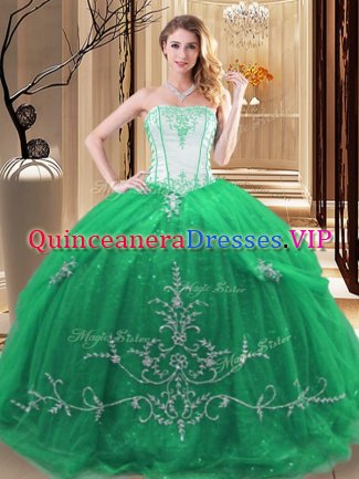 Customized Green Strapless Lace Up Embroidery Military Ball Gown Sleeveless