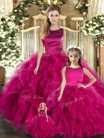 Comfortable Sleeveless Floor Length Ruffles Lace Up 15th Birthday Dress with Fuchsia