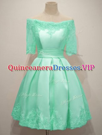 Amazing Knee Length Turquoise Quinceanera Court Dresses Taffeta Half Sleeves Lace