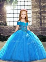 Custom Made Baby Blue Little Girl Pageant Gowns Straps Sleeveless Brush Train Lace Up