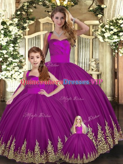 Exceptional Fuchsia Tulle Lace Up 15th Birthday Dress Sleeveless Floor Length Embroidery - Click Image to Close